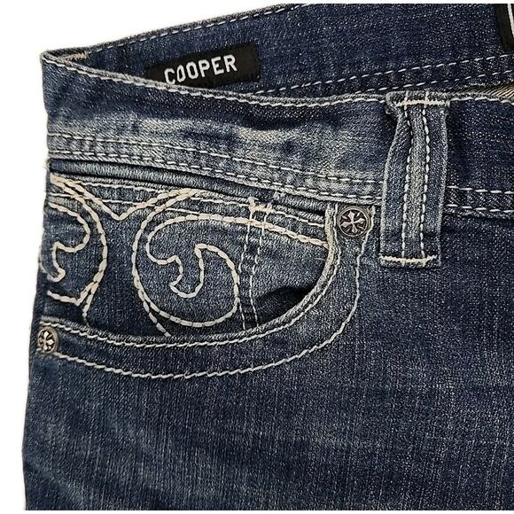 Affliction Mens Cooper Jeans Sz 34 Distressed Embroidered Flap Pocket Boot - Picture 6 of 15